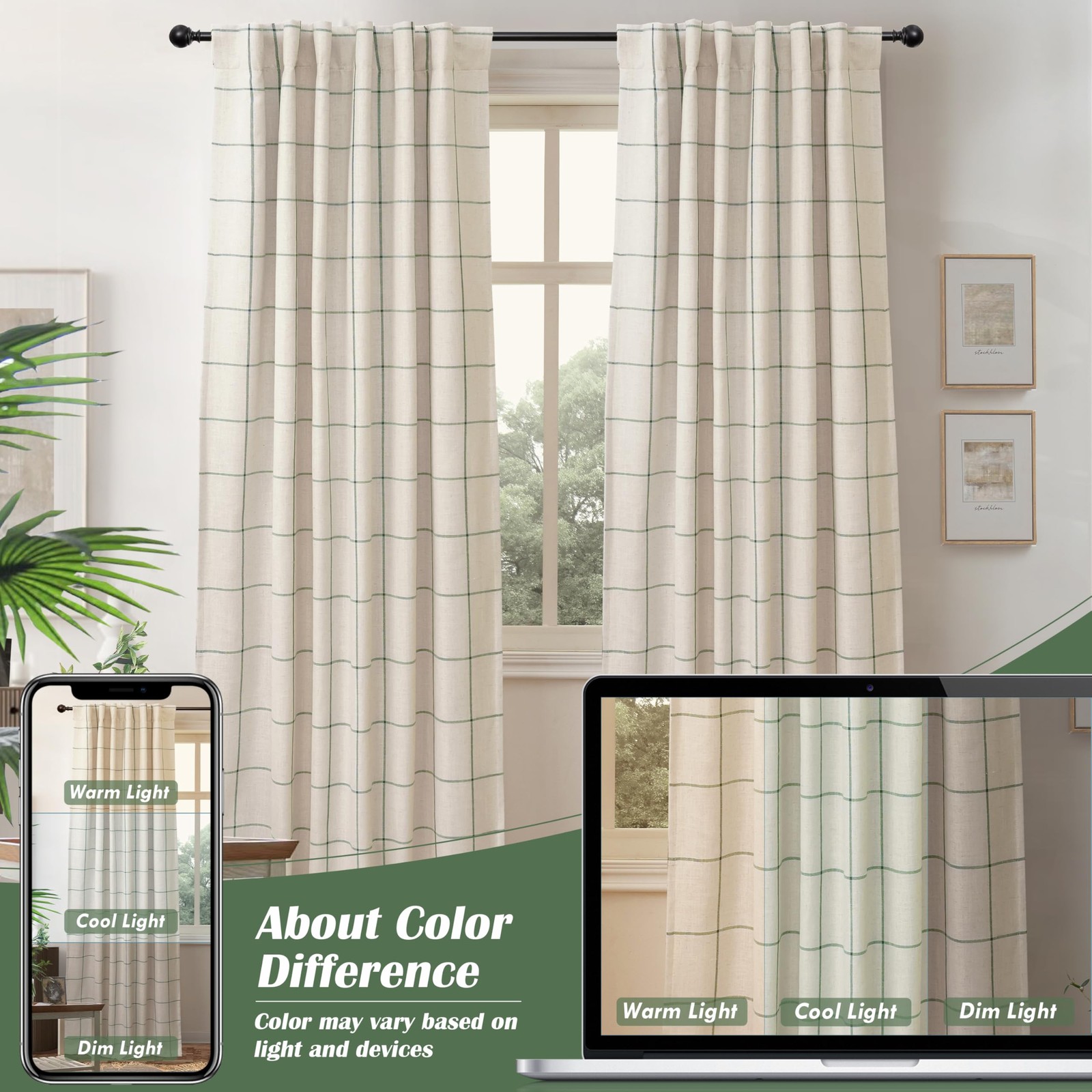 DriftAway 100% Blackout Windowpane Plaid Linen Curtains Double Layer Farmhous…