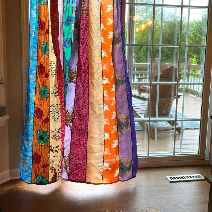 Indian Vintage Sari Patchwork Curtain Drape Window Decor Silk Multi Curtain