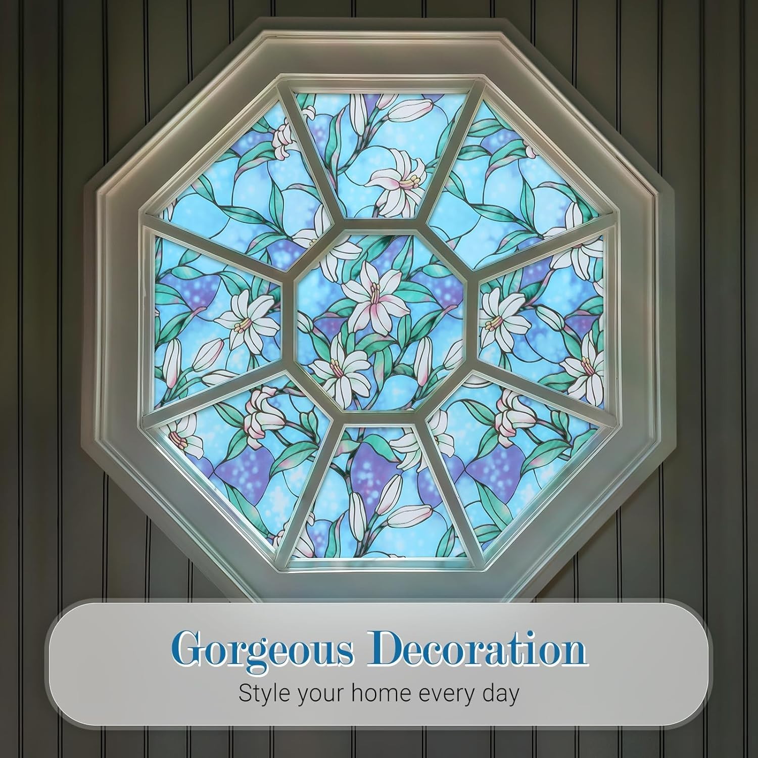 Decorative Static Cling Stained Glass Film – Blue Lily Design, UV Protection