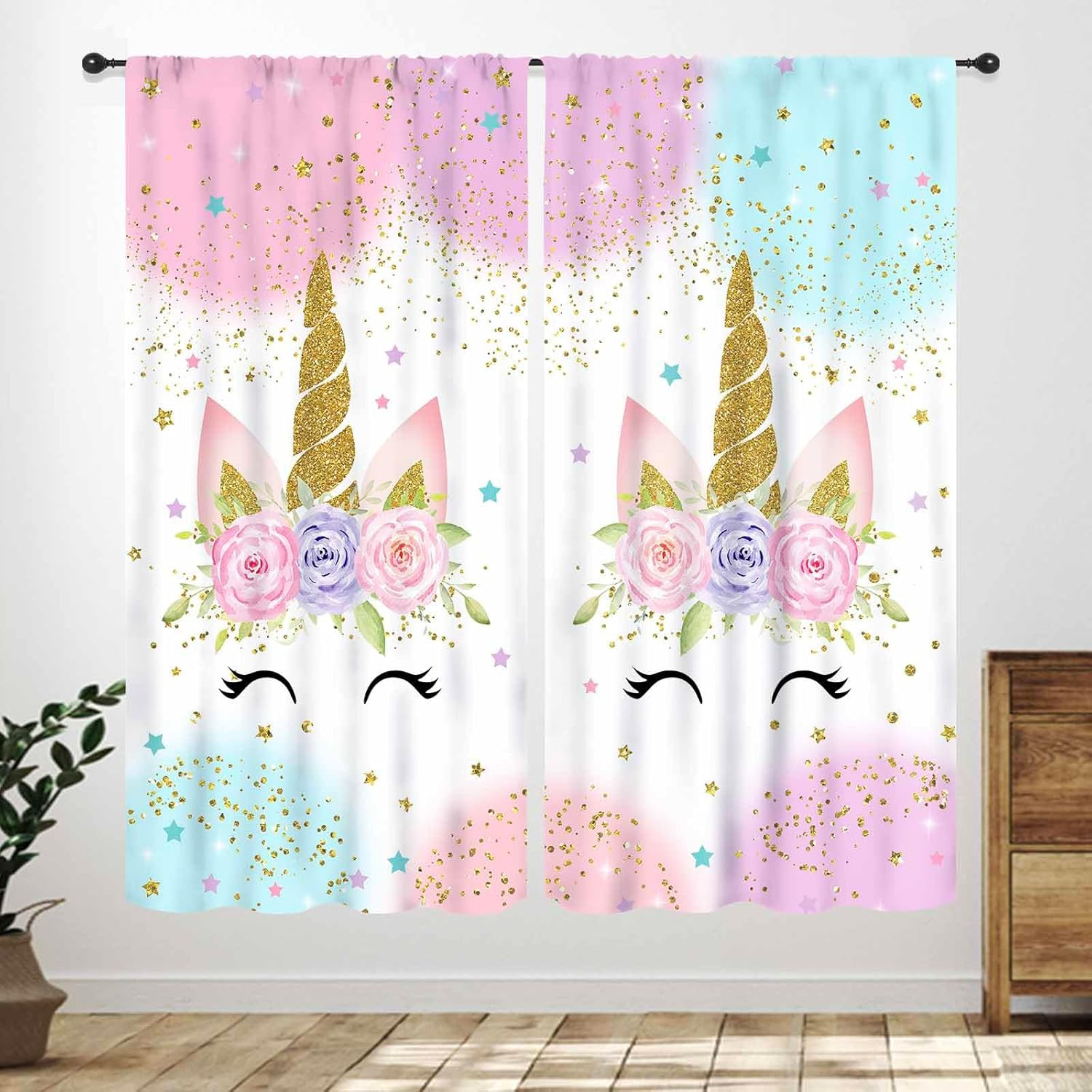 Unicorn Curtains for Girls Bedroom,Pink Fantasy Rainbow Unicorn Windows Treatme