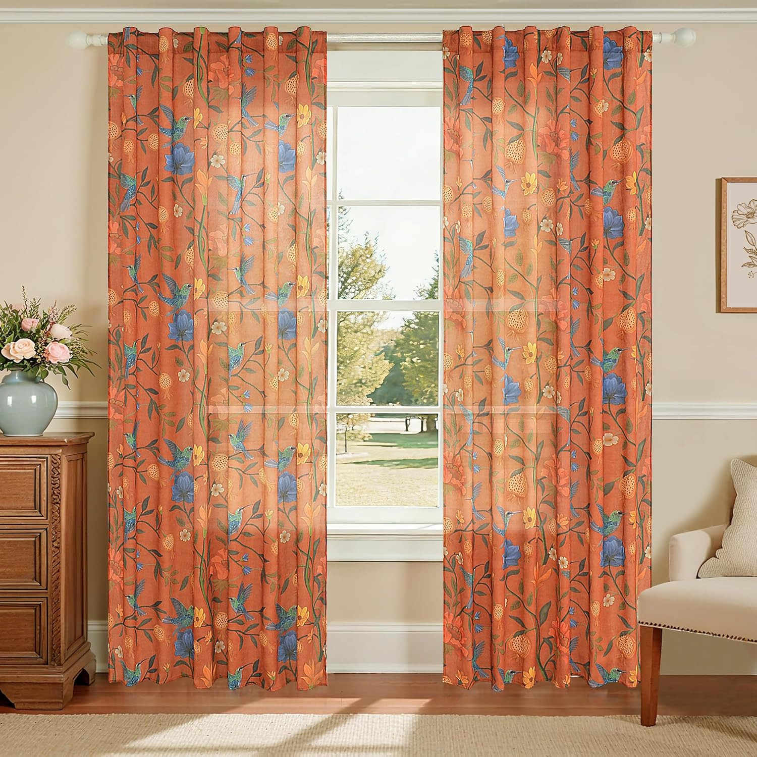 Terracotta Floral Linen Curtains, Boho Whimsical Print Curtains for Bedroom Win