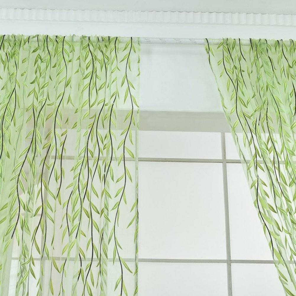 2 Pieces Willow Window Curtain Voile Tulle Room Salix Leaf Sheer Gauze Panel …