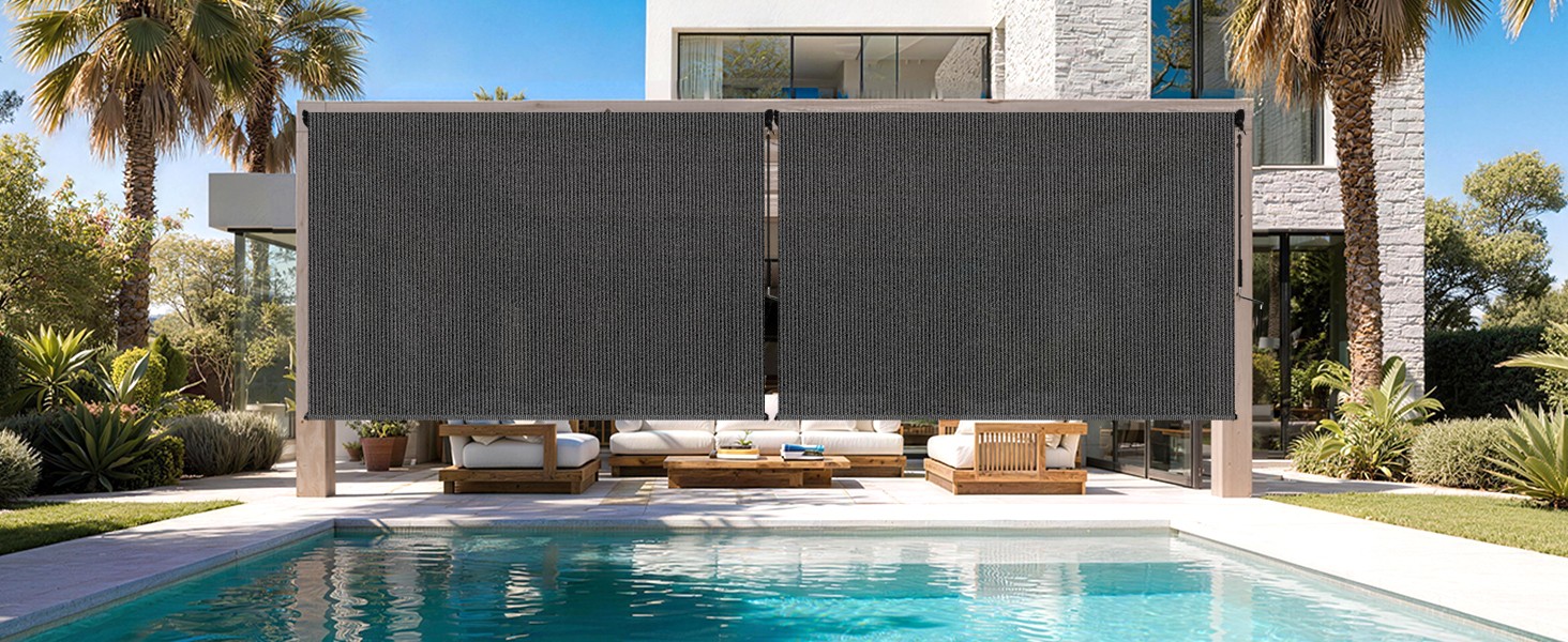 Outdoor Roller Shades for Patio, 10′ W x 8′ H Cordless Patio Shades Roll Up