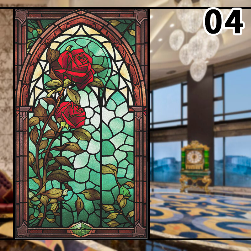 Retro Rose Stained Glass Film Frosted Window Sticker Bathroom Office Decor