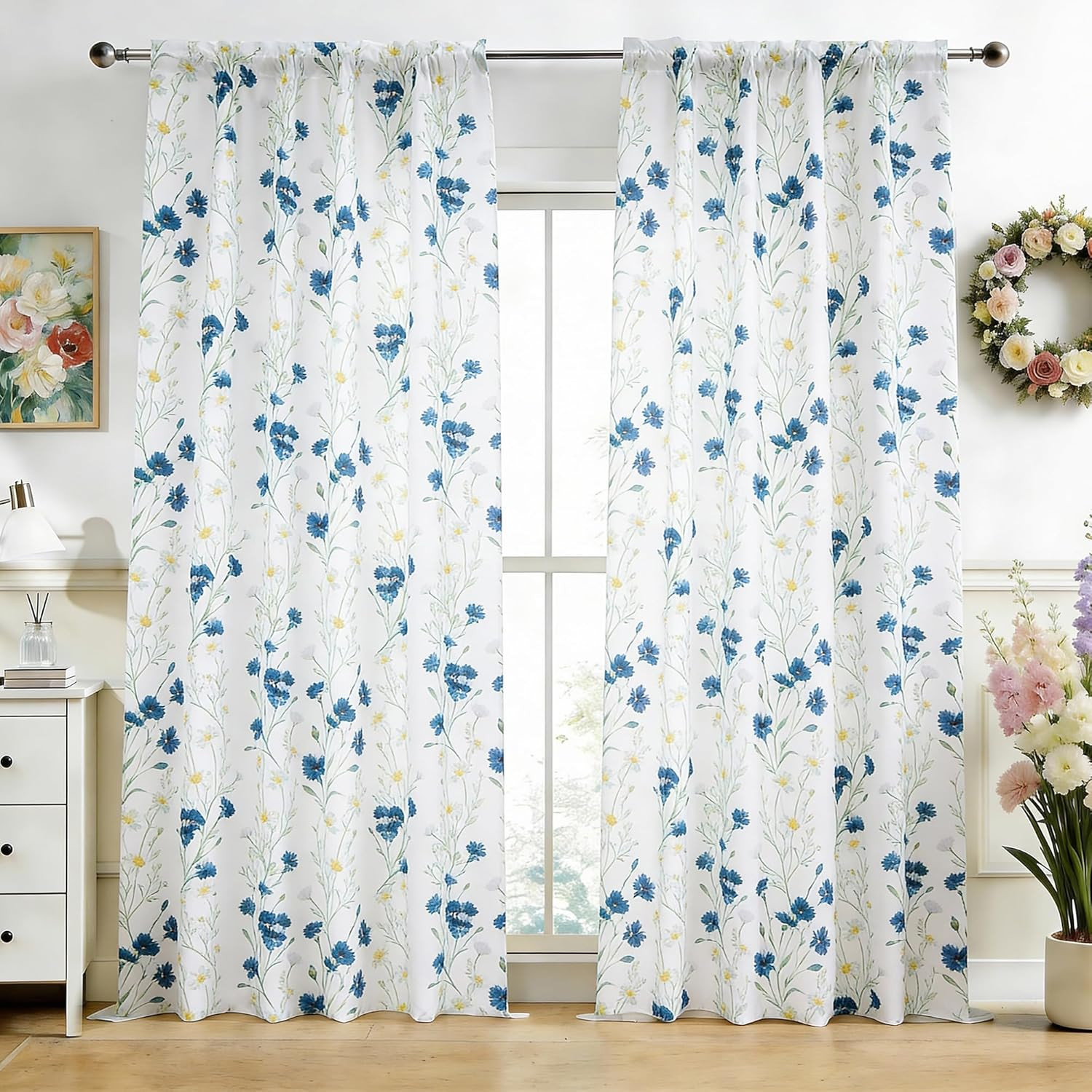 Blue White Floral Curtains 63 Inch 2 Panels Rod Pocket Light Filtering Drapes