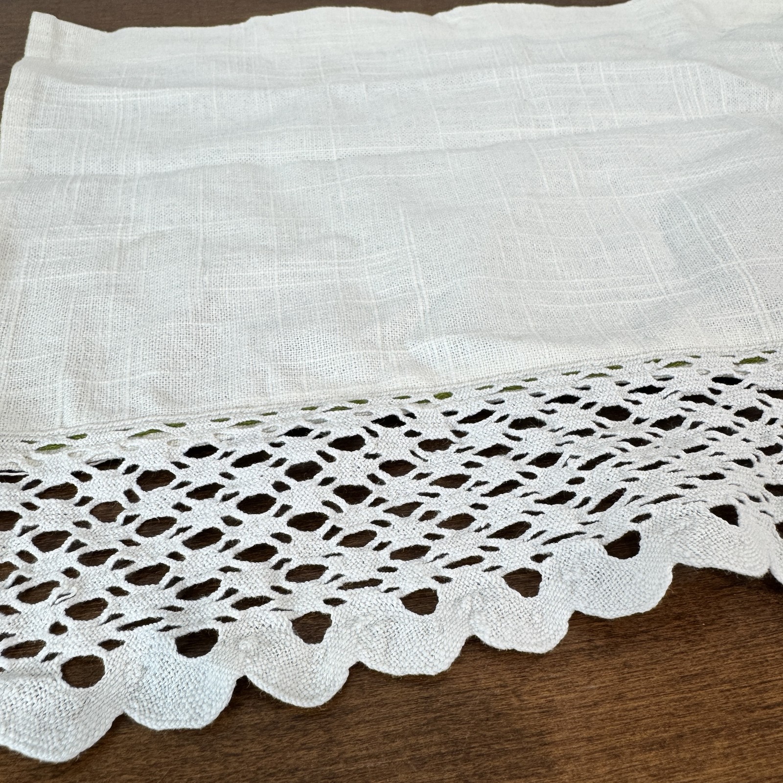 Vintage Style Off-White Linen Blend Valance Tier Curtain with Crochet Lace Trim