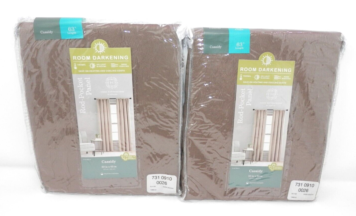 Home Expression Cassidy Curtains 50×63″ Room Darkening Rod Pocket Dark Mocha NEW