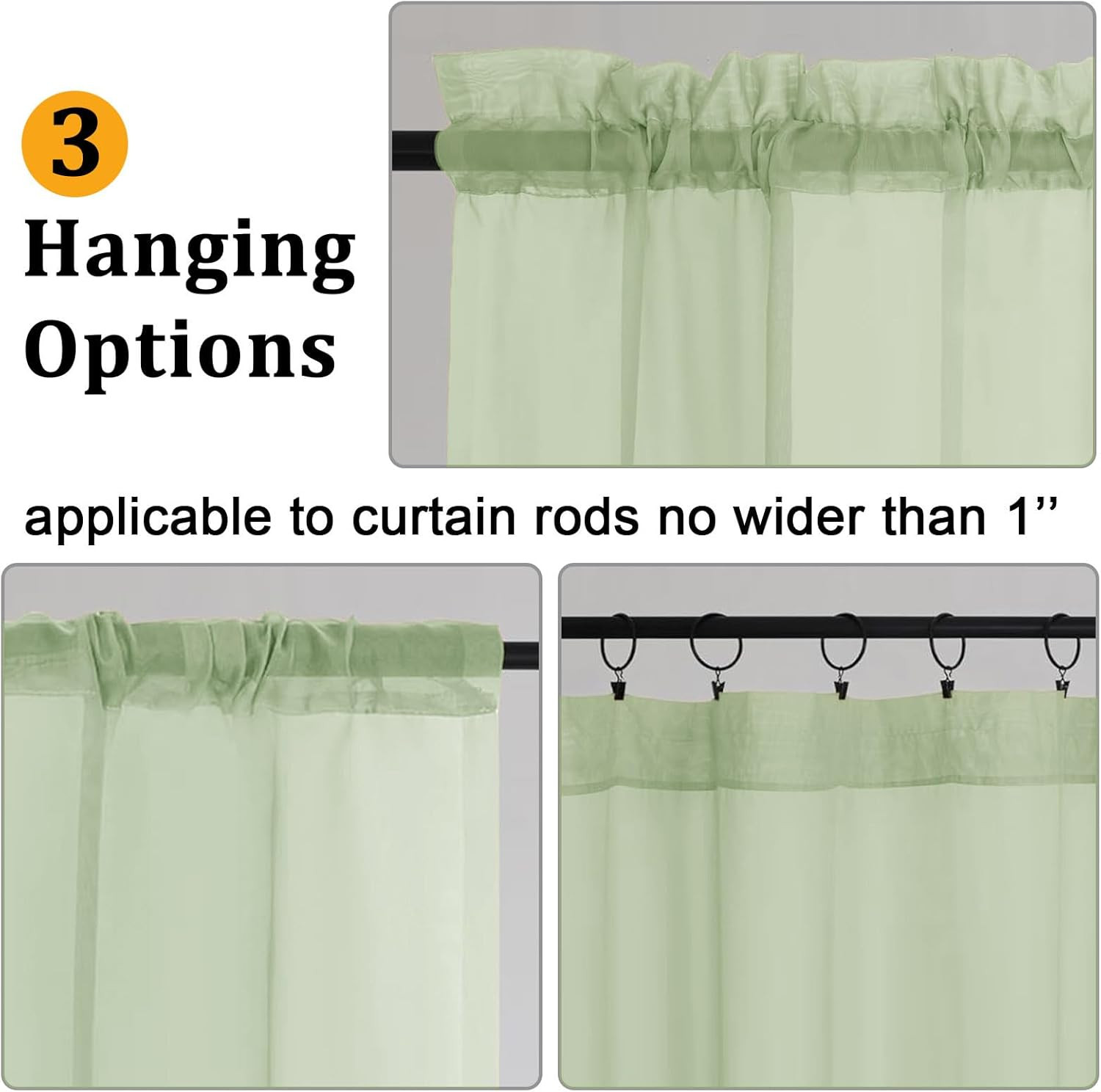 Light Green Sheer Curtains 84 Inches Long 2 Panels Set for Living Room, Rod Pock