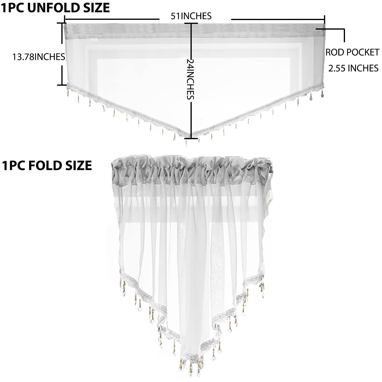 Beaded Triangle Sheer Valance Curtains for Living Room,Rod Pocket Farmhouse W…