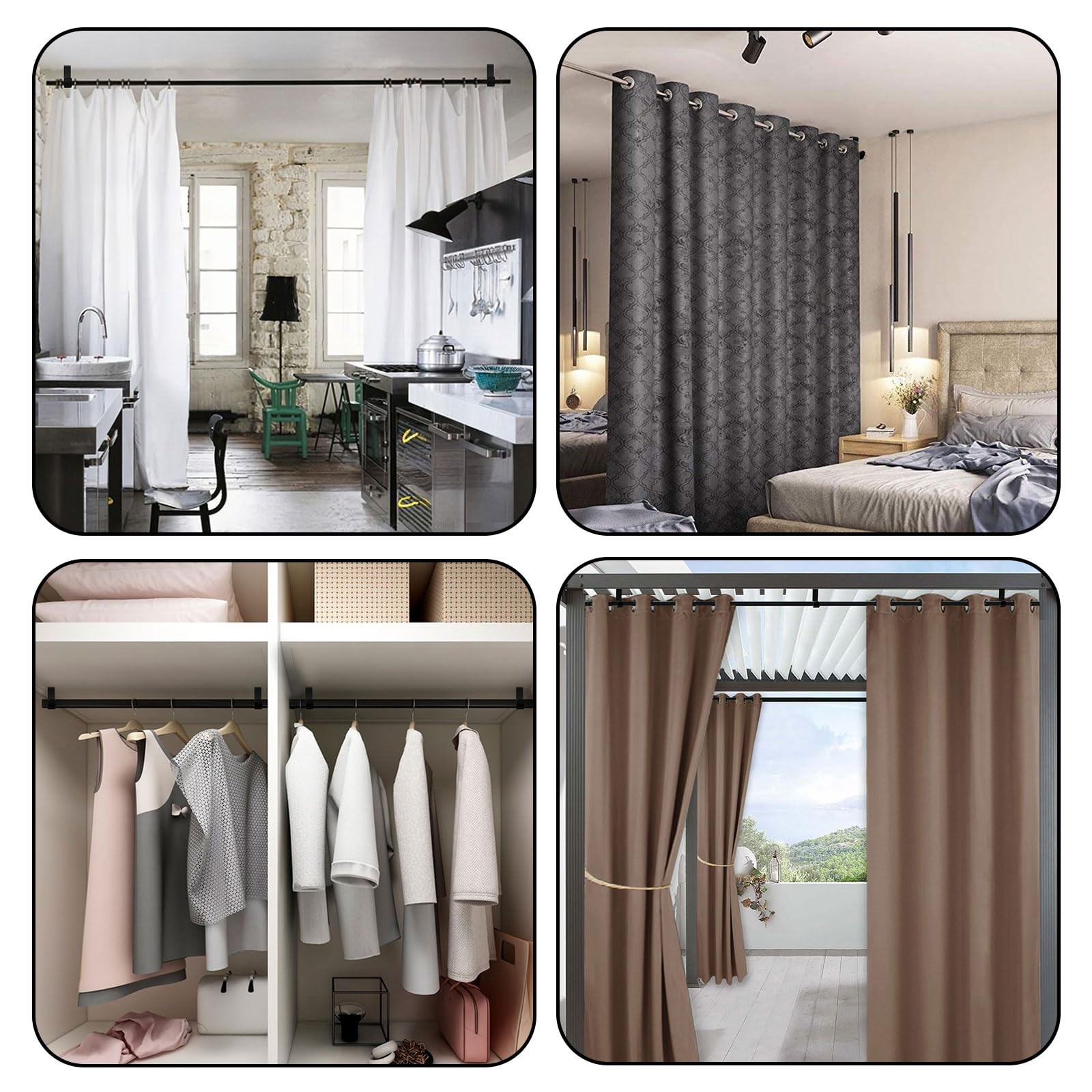 6 PCS Ceiling Mount Curtain Rod Brackets Metal Holders Screws Hooks Black