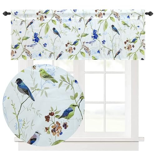 Window Curtain Valance 18″ L X 54″ W, Blue Birds Flowers Leaves Pattern Linen