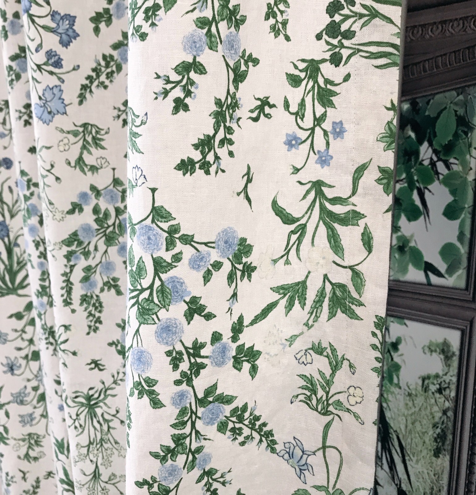 Handmade Linen Blend Floral Curtains Custom Blue Green Window Drapery Panels