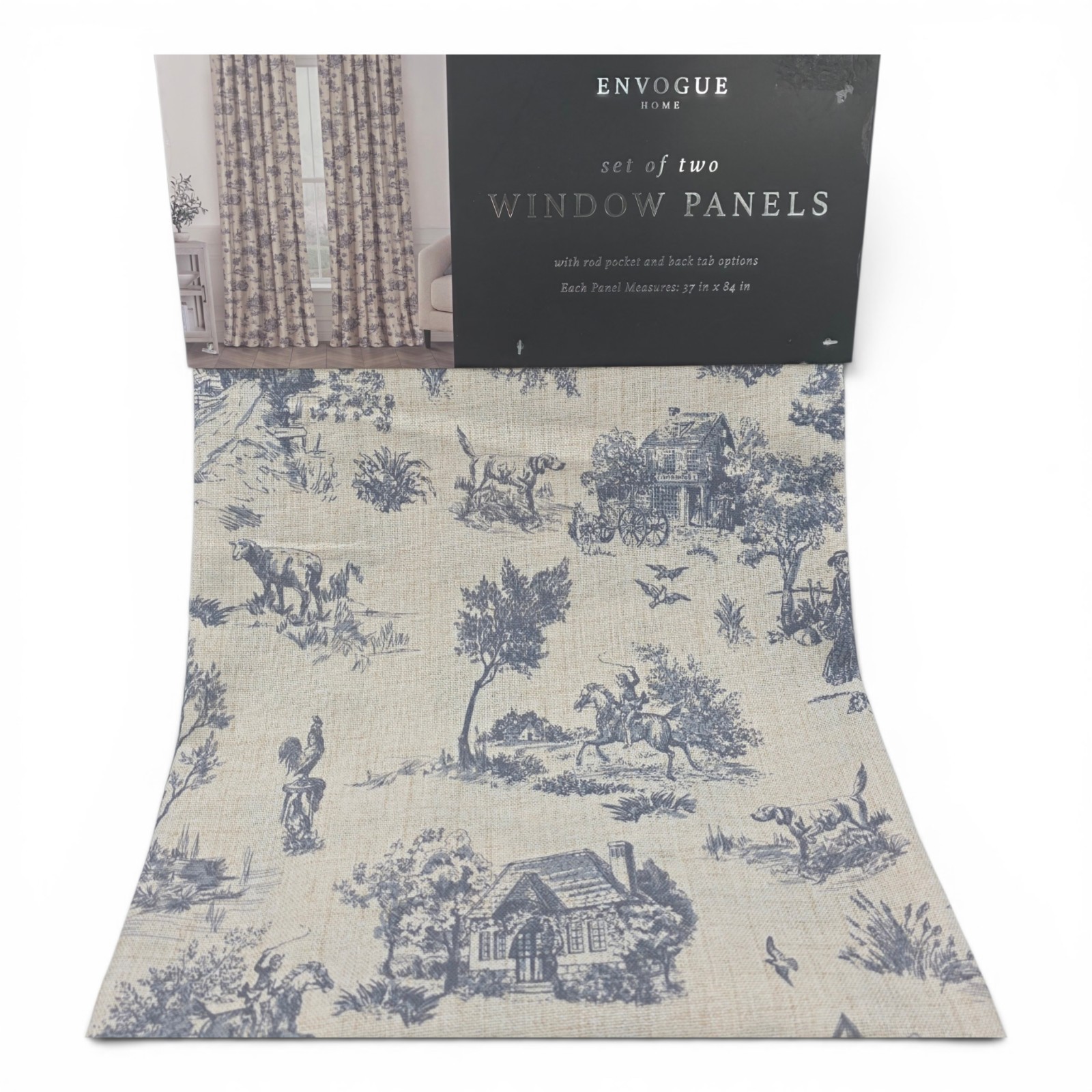 Envogue Home Set of 2 French Toile Curtains 37×84 Blue Linen Look NEW