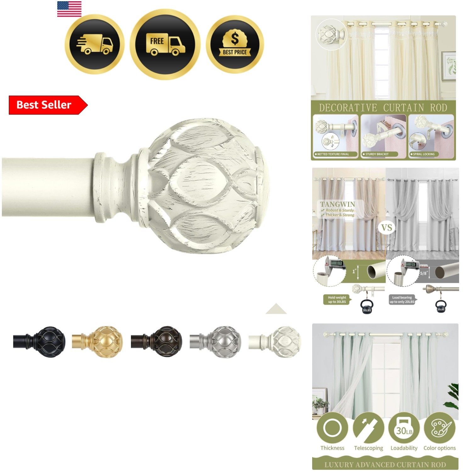 White Farmhouse Curtain Rods for Windows:36-88″ Heavy Duty Adjustable Curtain…
