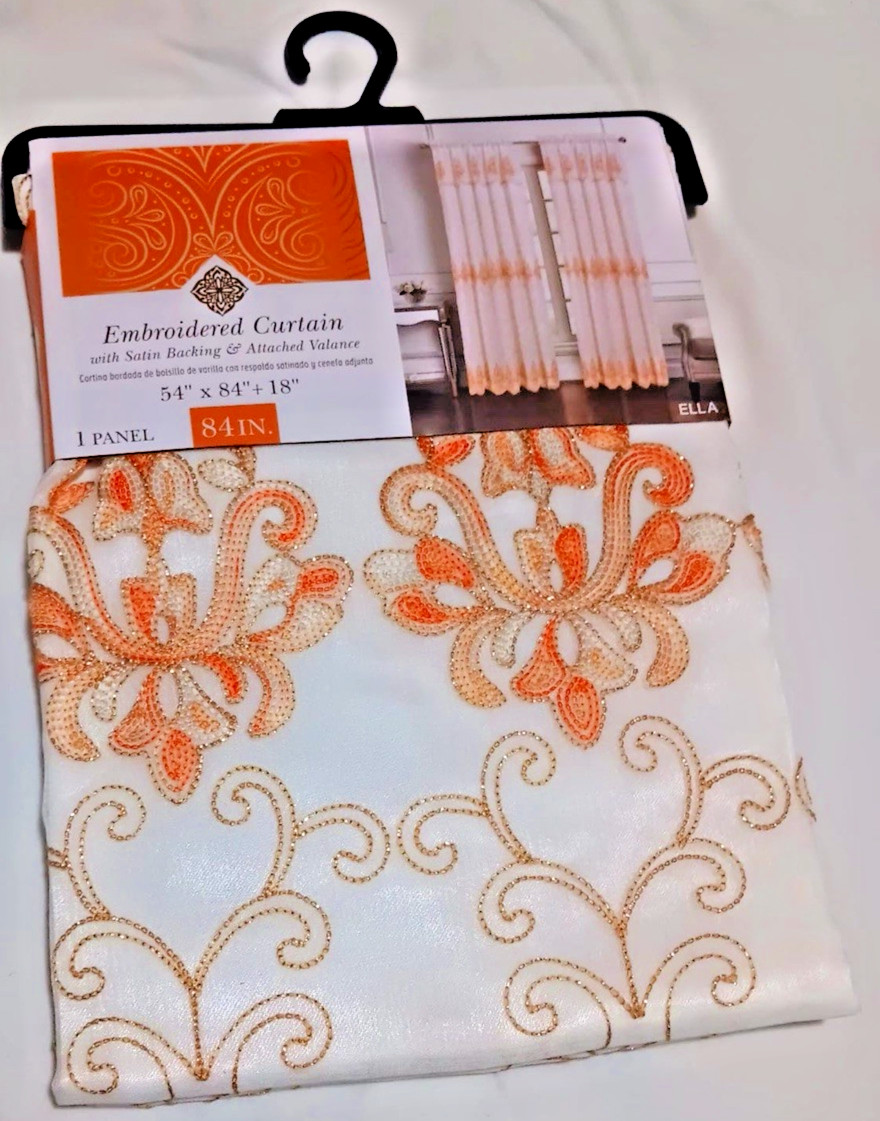Embroidered Curtain with satin backing & attached valance one panel each orange