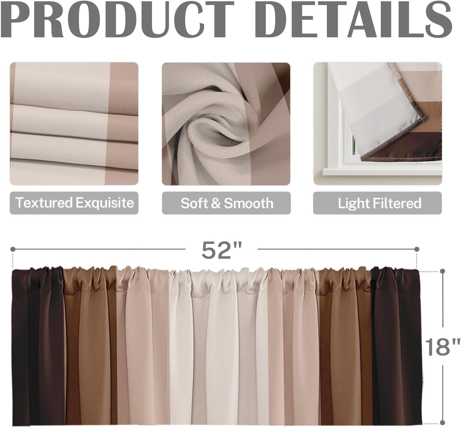 2 Pack Valances Window Treatments, Striped Neutral Brown Minimalist Beige Retro