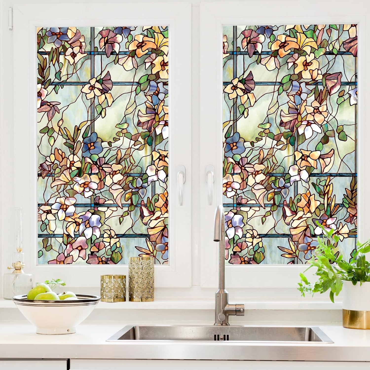 Trellis Privacy Window Film W/ Vibrant Colored Pattern Non-Adhesive & UV