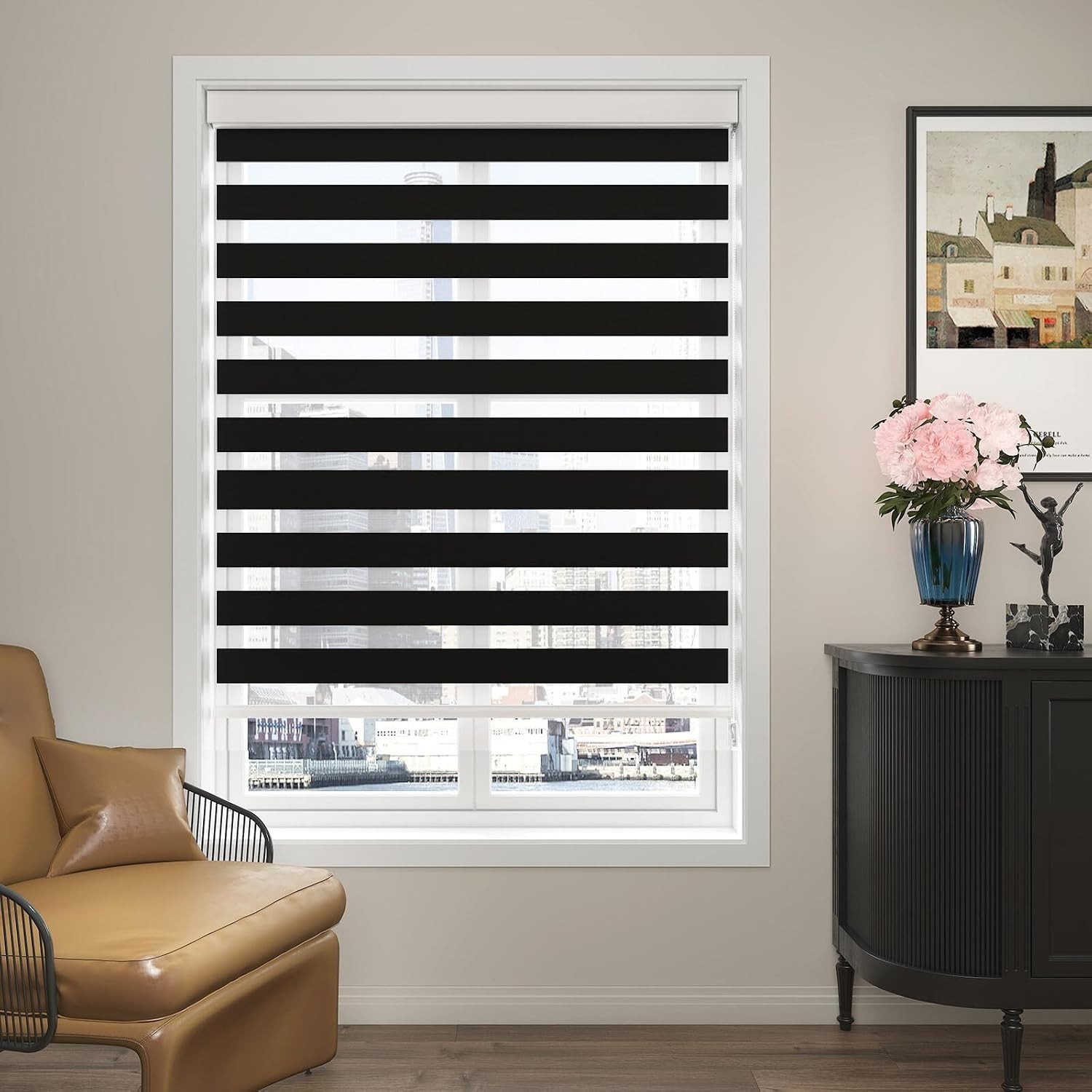 Zebra Blinds for Windows 20″ W x 72″ H Black Corded Dual Layer Light Filtering