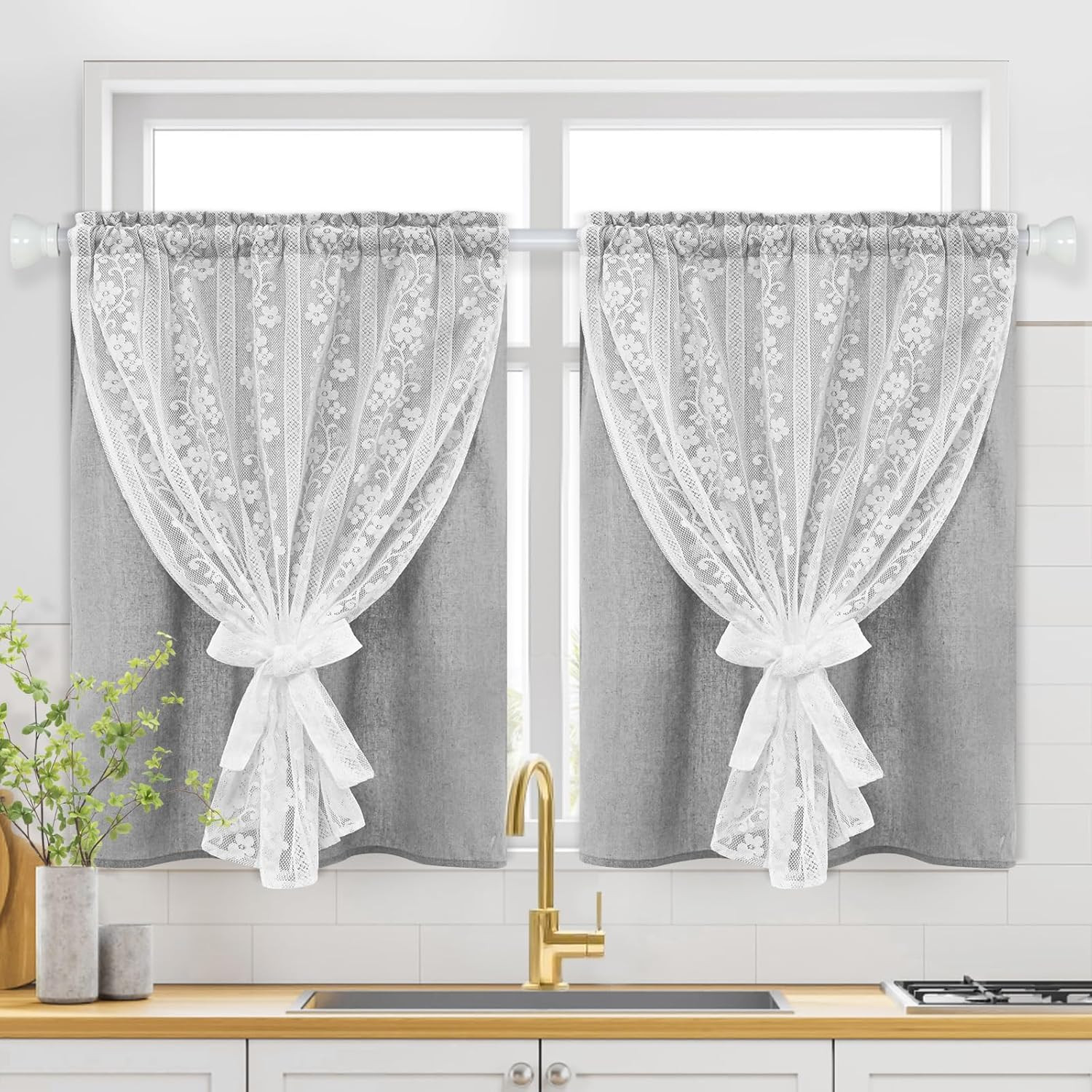 ASPMIZ Linen Kitchen Curtains 36 Inch Length, Double Layered Window Curtain 2 Pa