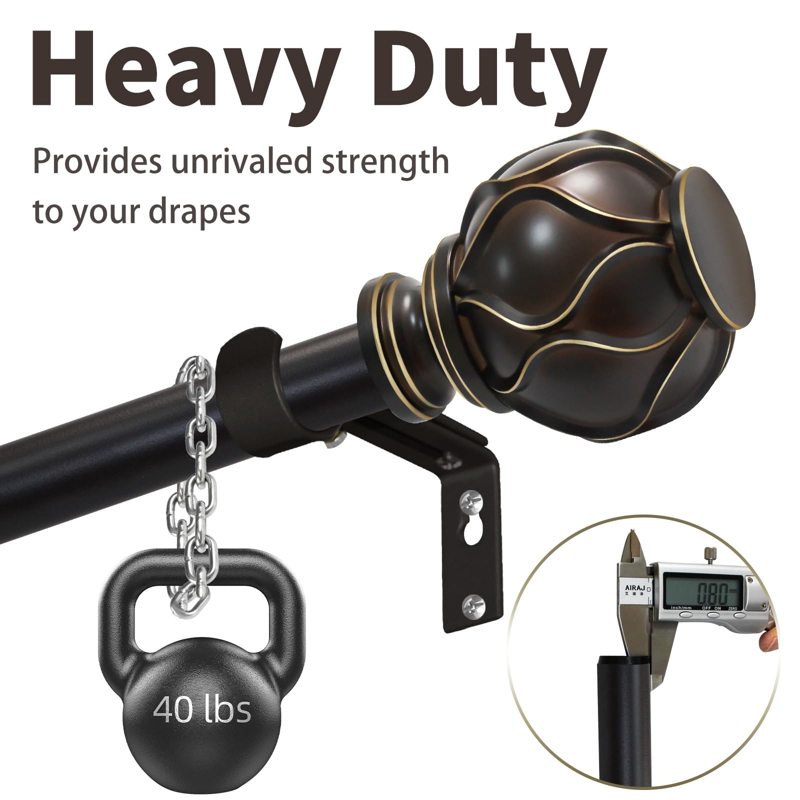 Bronze Curtain Rod for Windows 66 to 120 Inches(5.5-10ft), 1″ Diameter Heavy-…