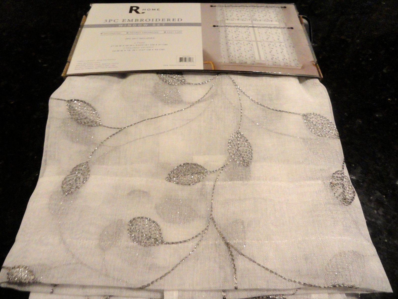 3 piece white sheer embroider Silver vining Leaves fabric Tier CURTAIN metallic