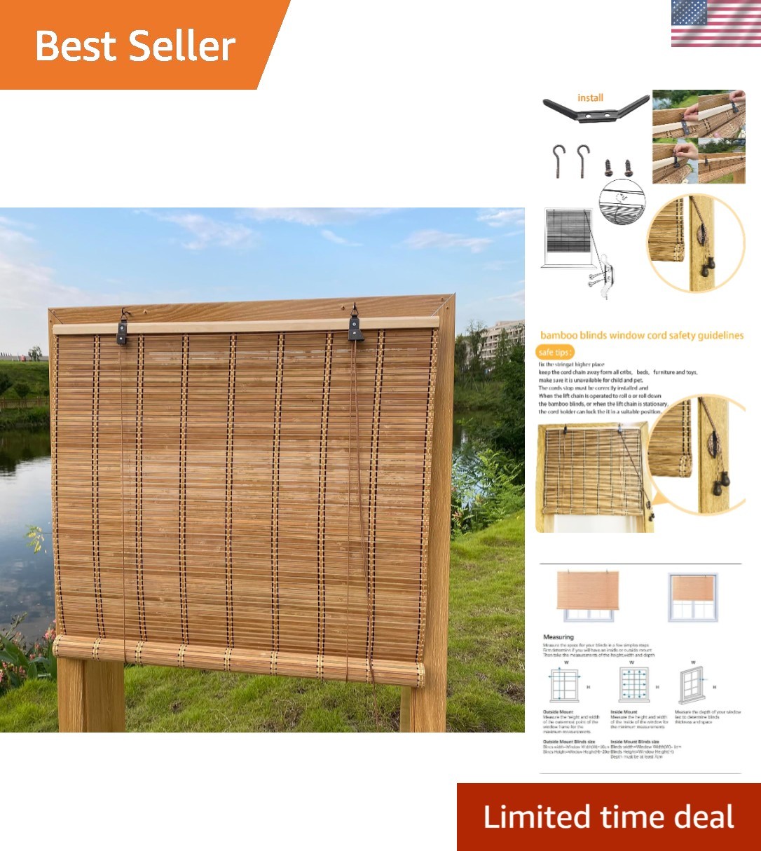 Elegant Bamboo Roller Shades, 24″Wx48″H, Light Filtering for Indoor/Outdoor