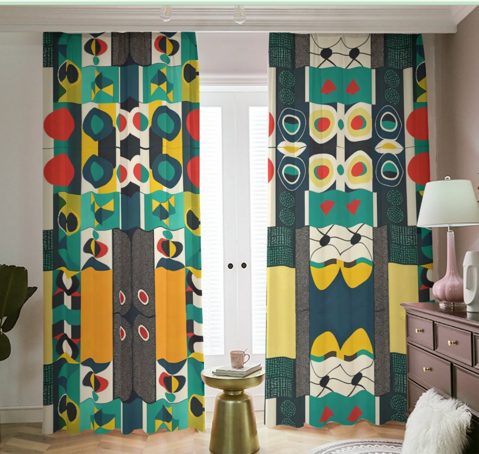 Retro Modernist Blackout Curtains Abstract Blue Mid Century Mod 50’s Style Gift