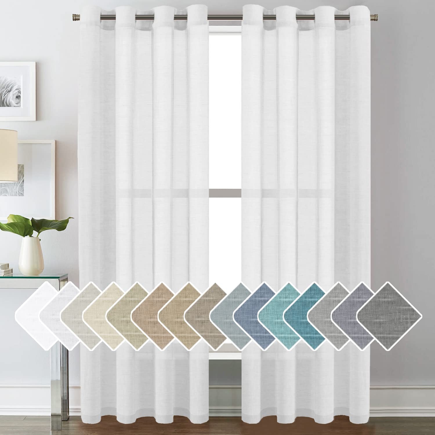 White Linen Sheer Curtains 52″W x 84″L Pure White Living Room Farmhouse Style