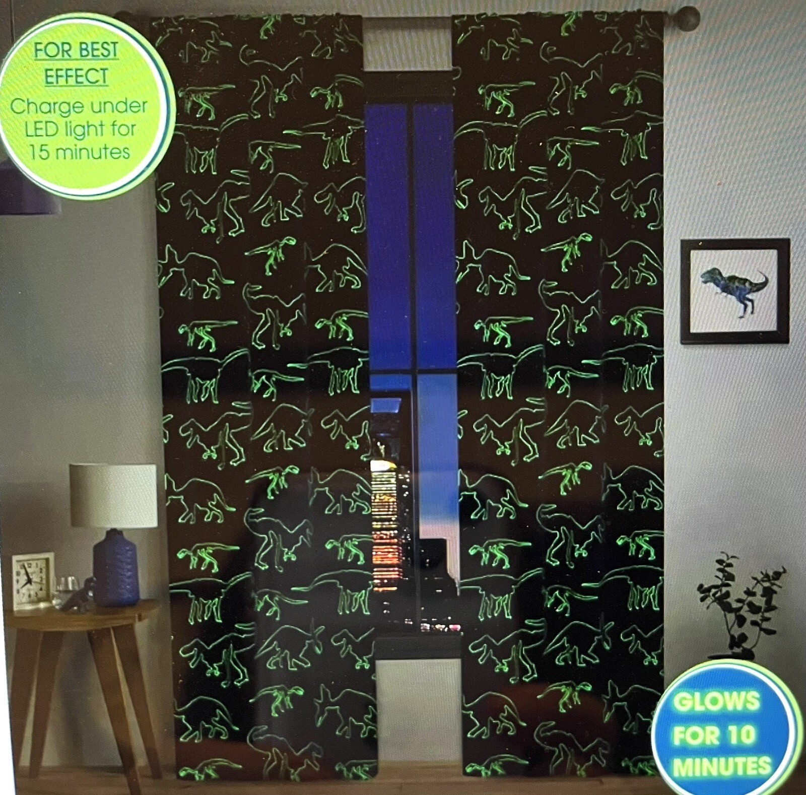 Glow in the Dark Window Panel Blue Dinosaur Curtain 38″ X 84″ Your Zone