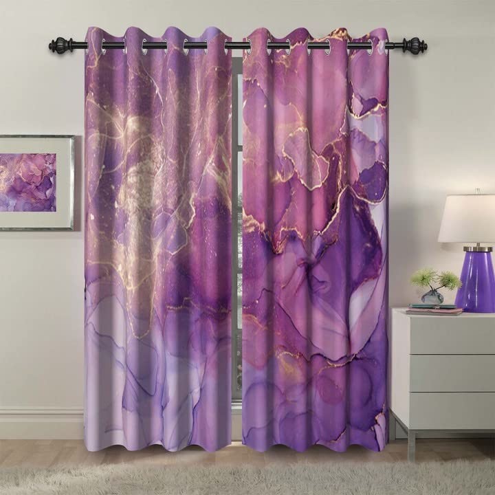 Baocicco Dreamy Purpled Marble Blackout Window Curtains Gold Glitter Texture