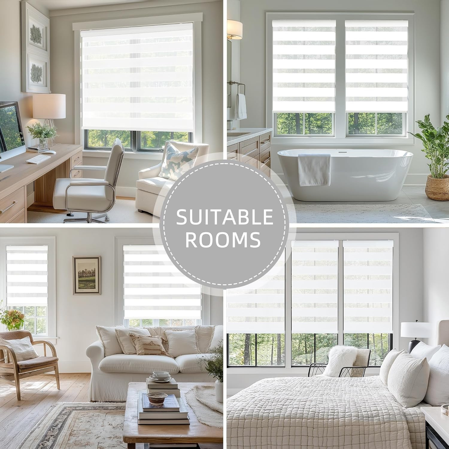 Cordless Zebra Blinds, Dual Layer Light Filtering Roller Shades, 72″ x 72″ White