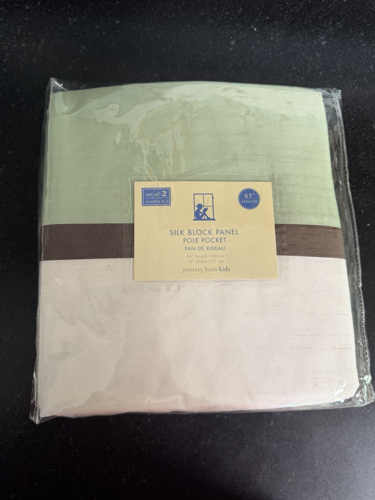 New Pottery Barn Kids Silk Block Curtain Panels Set 2 63” Length Green Ivory