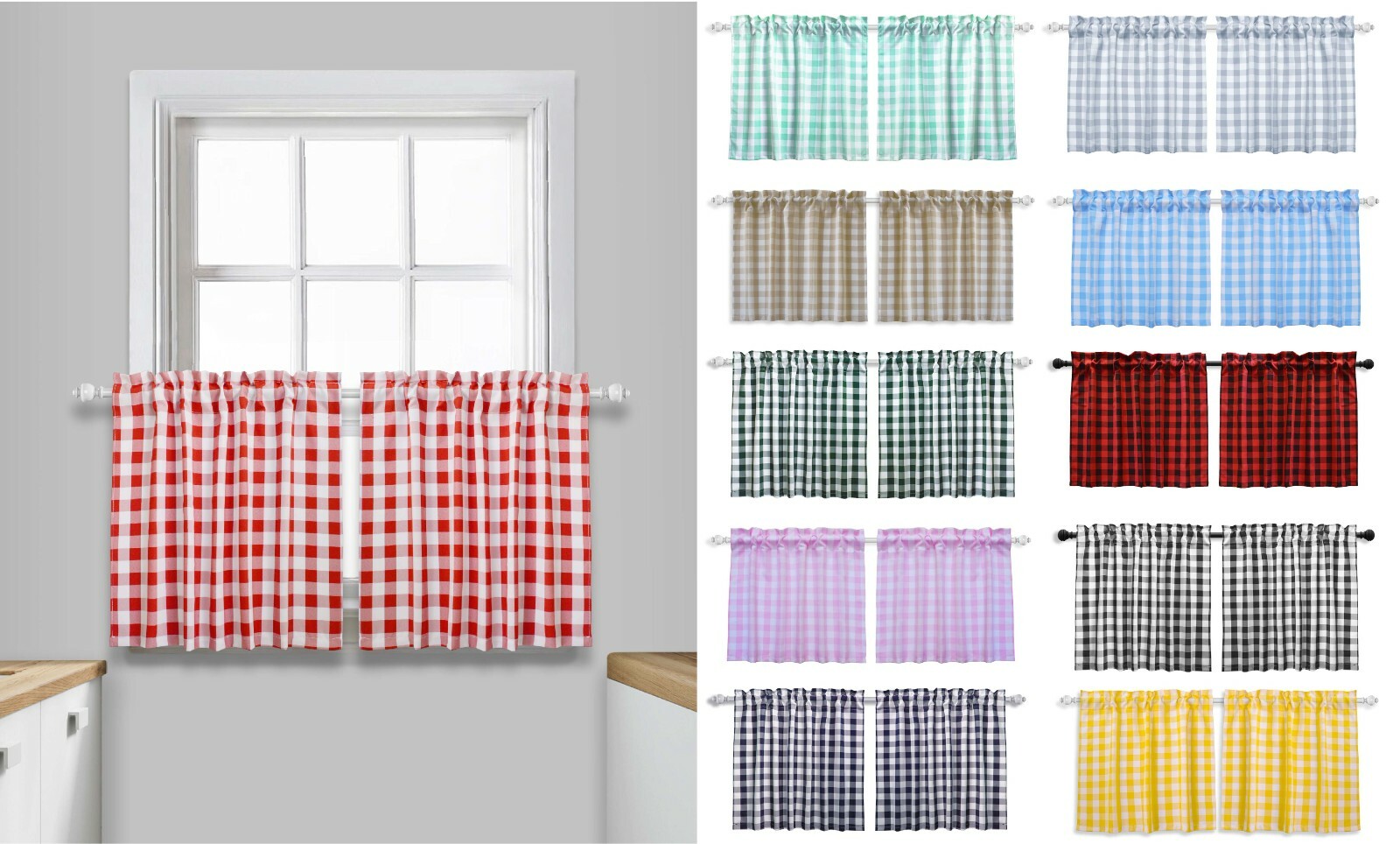 Aiking Home 2 pcs Picnic Checkered Kitchen Curtain Tiers with 2.5″ Rod Pocket