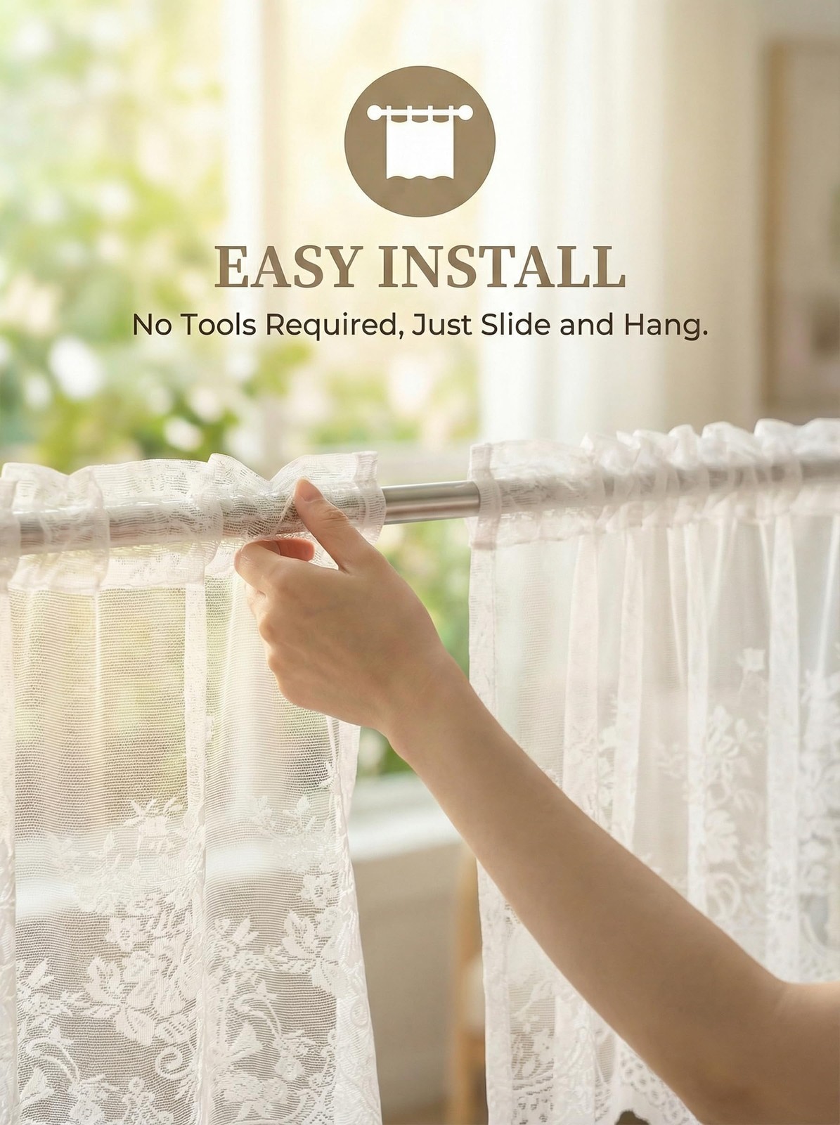 White Lace Window Valance Semi Sheer Floral Curtain for Kitchen Bathroom
