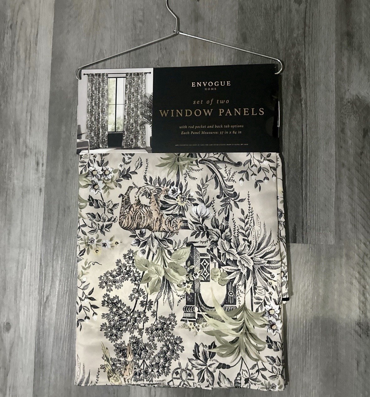 NWT Envogue 2 pc Window Curtains Asian Toile Jungle Tigers Birds ea 37″ x 84″ lg