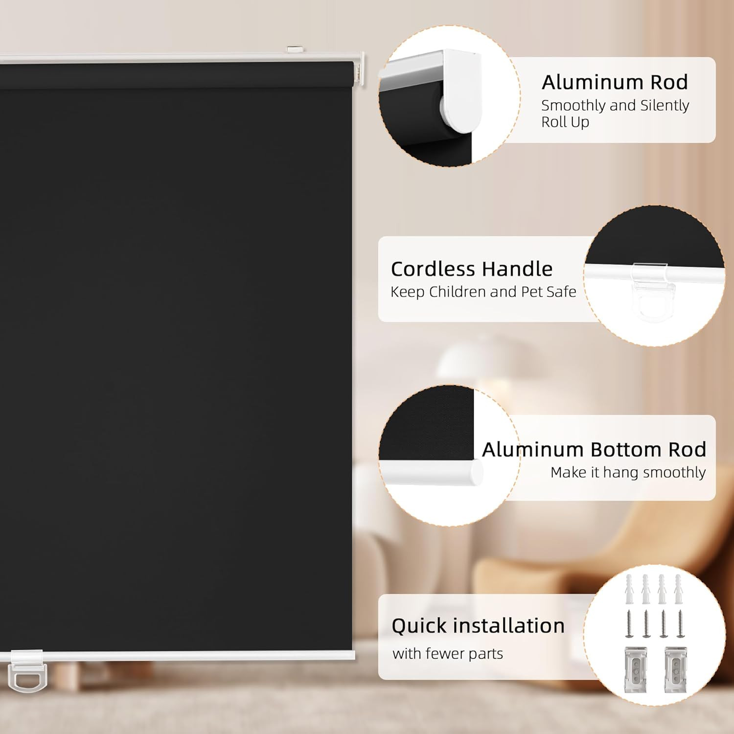 Cordless Blackout Roller Shades, Thermal Insulated Window Blinds, 46″x72″ Black