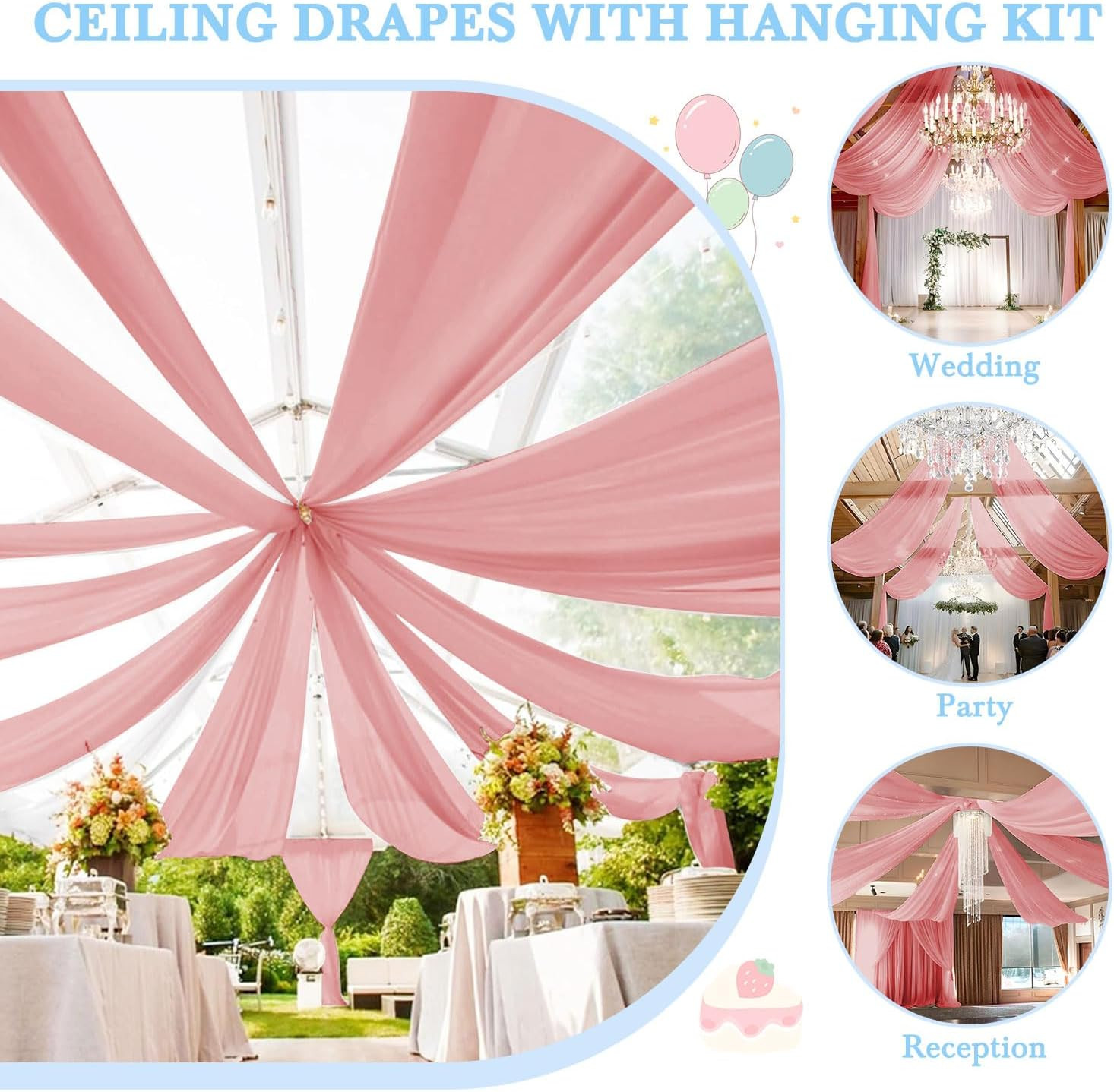 Dusty Rose Ceiling Drapes Kit for Weddings – 6 Pack Chiffon 5x10ft