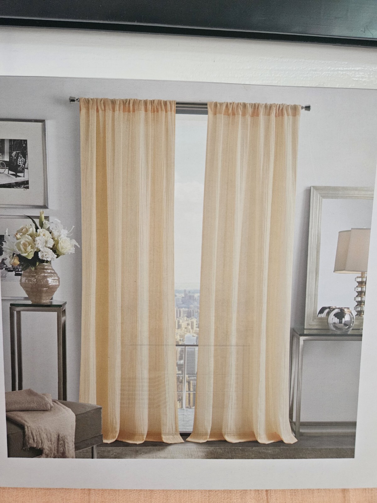 NEW! Martha Stewart PEACH CORAL Solid Crinkle Sheer 2 Curtain Panels 48″ x 95″
