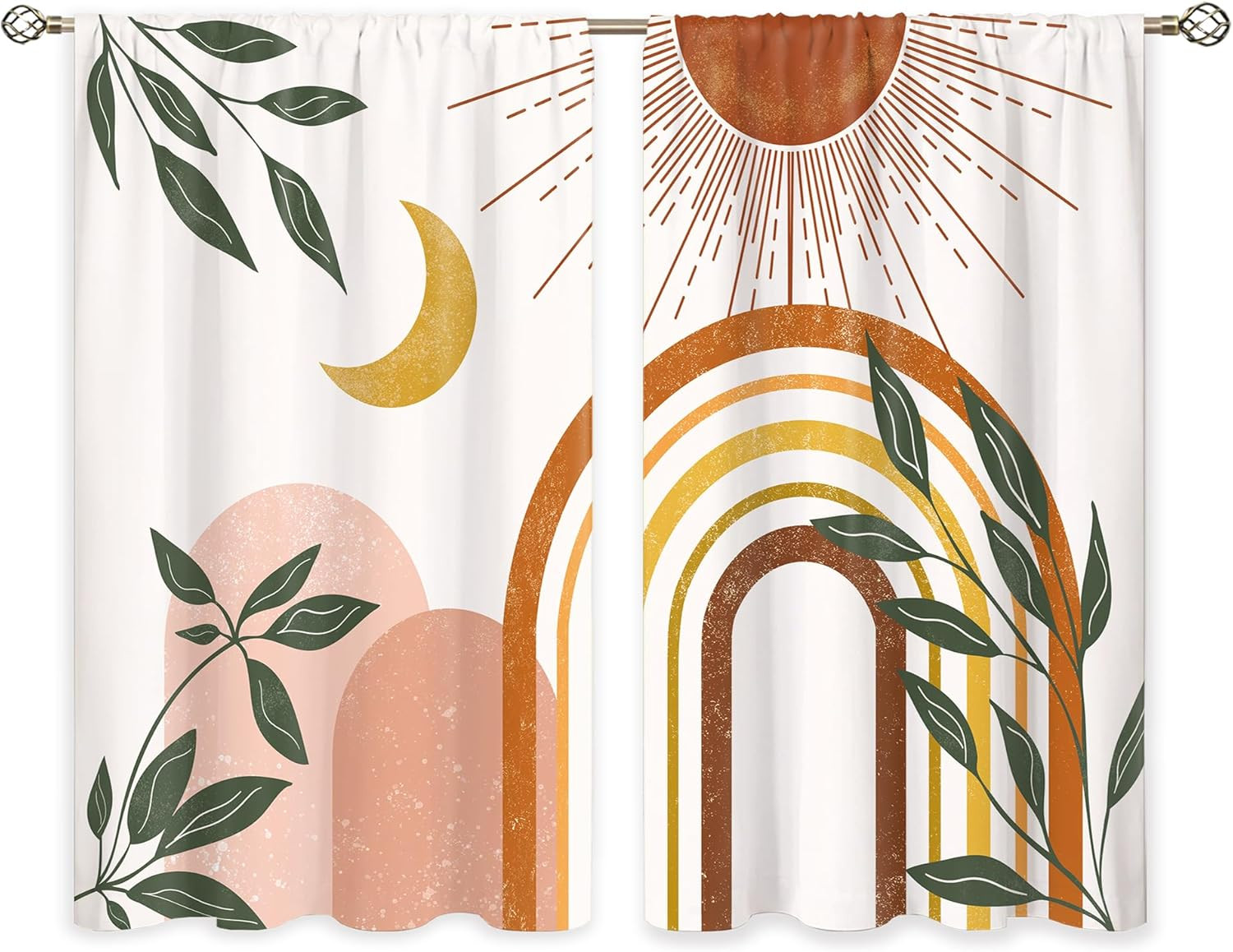 Mid Century Abstract Boho Small Kitchen Curtains Leaf Sun Minimalist Window Trea