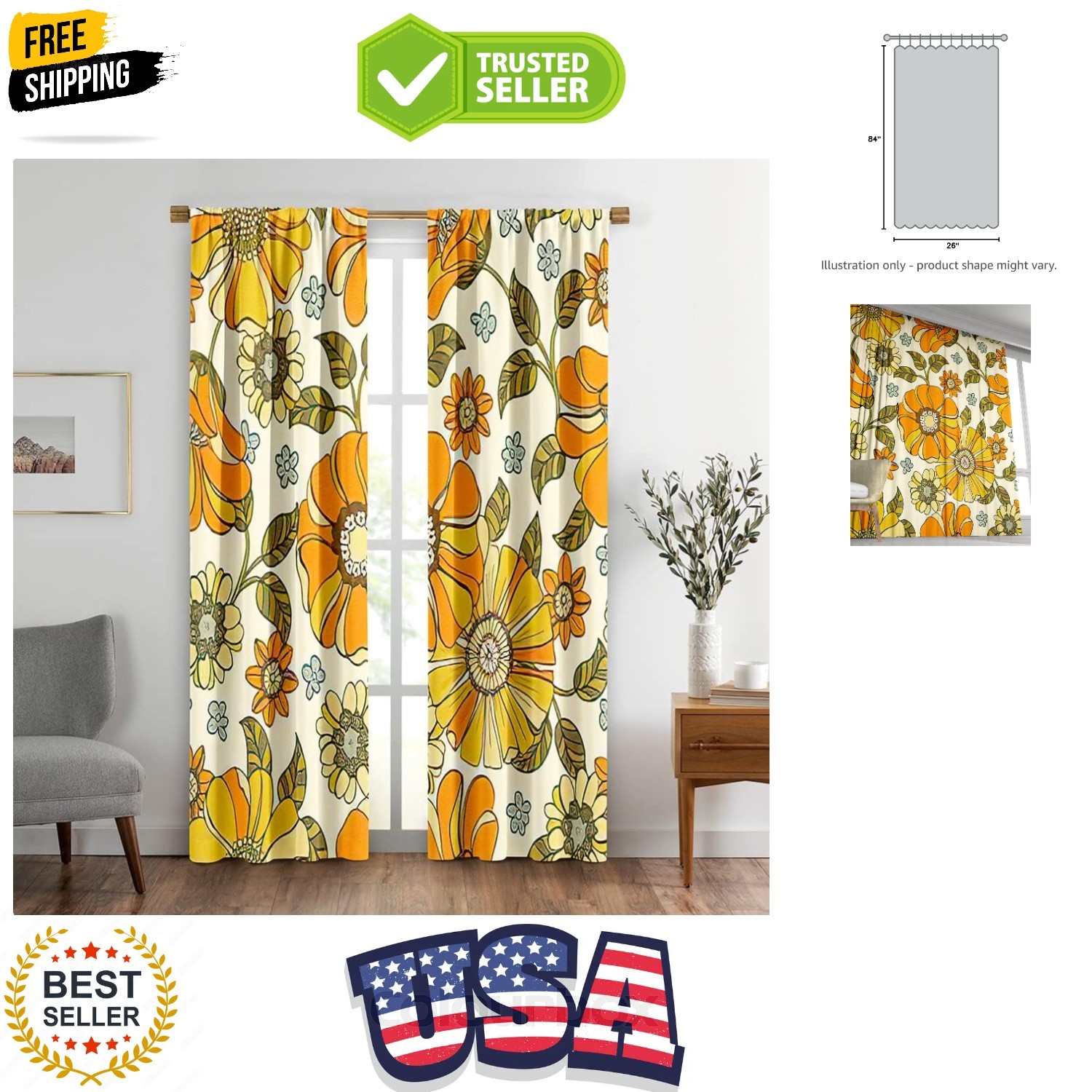 Daisy Flower Pattern Window Drapes Curtain Colorful Large Floral Retro 70S St…