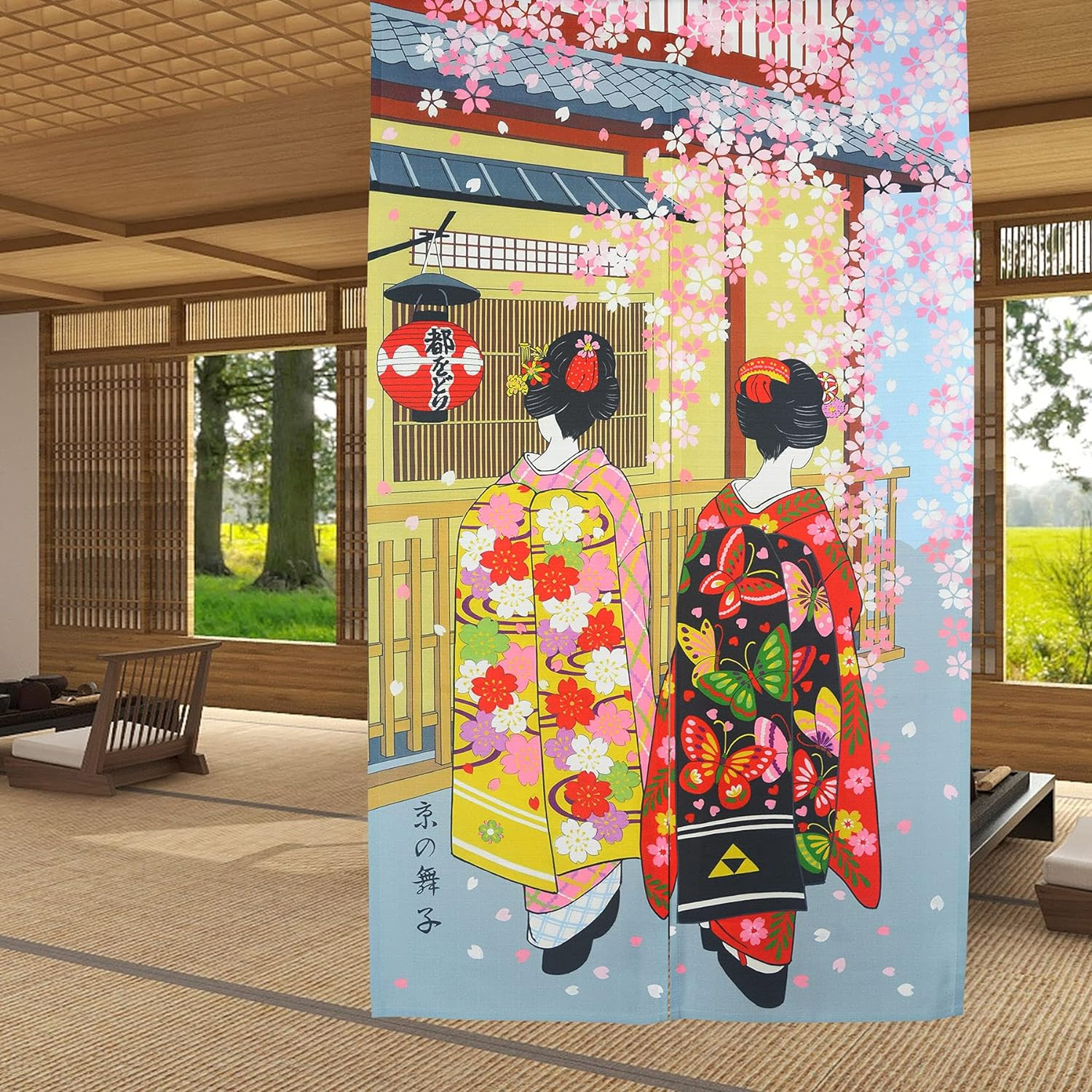 Noren Japanese Style Long Doorway Curtain Kyoto Geisha Girls and Cherry Blossom