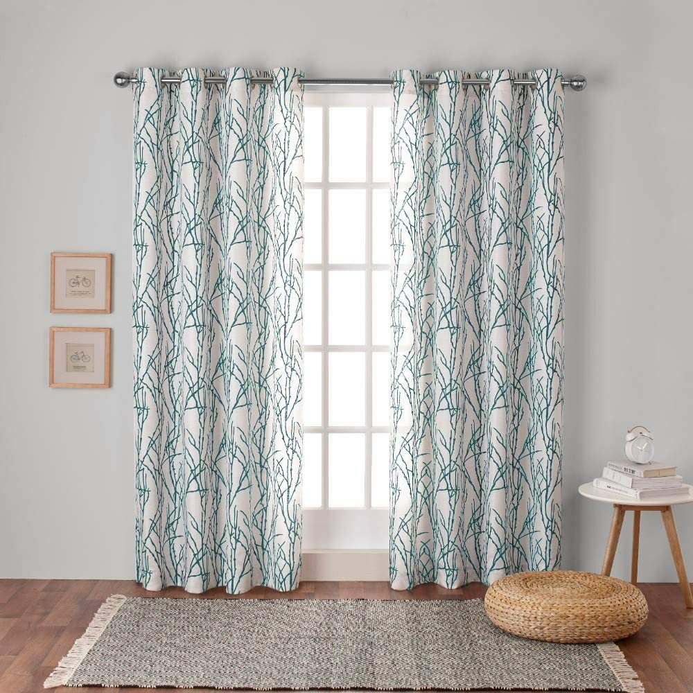 2 Curtains White And Teal Branches Linen Blend Grommet Panels 54″ by 96″ Each