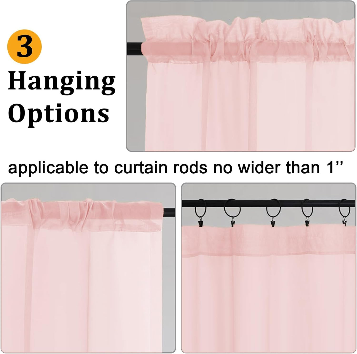 Blush Pink Valances for Windows, Small Light Filtering Rod Pocket Cafe Valance C