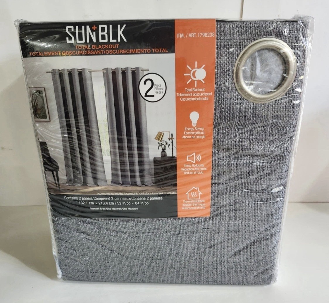 SUN+BLK Total Blackout Window Curtains, 52” x 84”, 2 Thermal panels Maxwell Grey