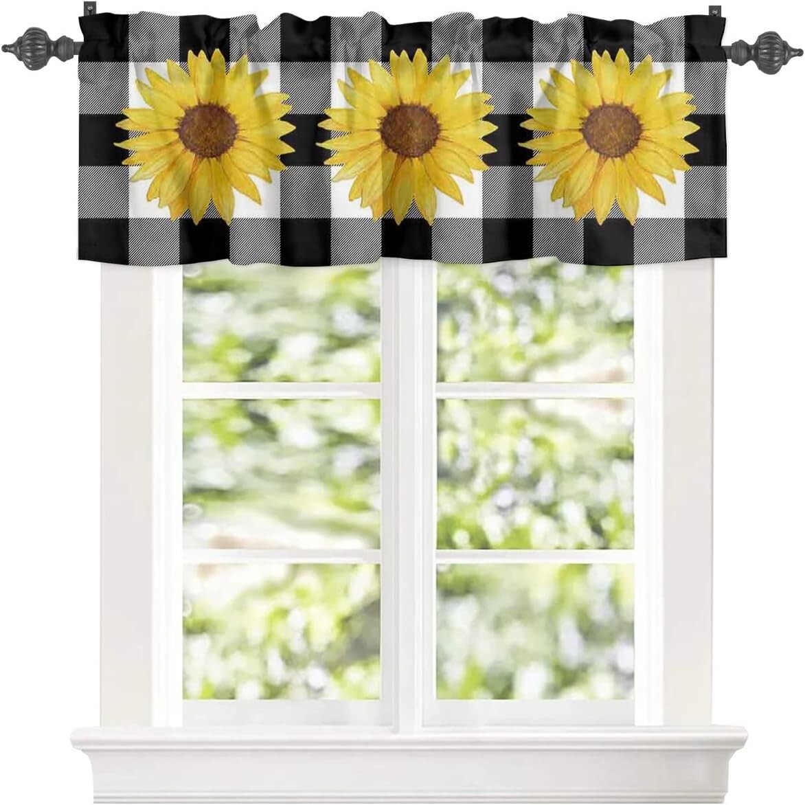 LitterStar Farmhouse Sunflower Buffalo Plaid 18″L x 54″W Valance Pocket Curtain