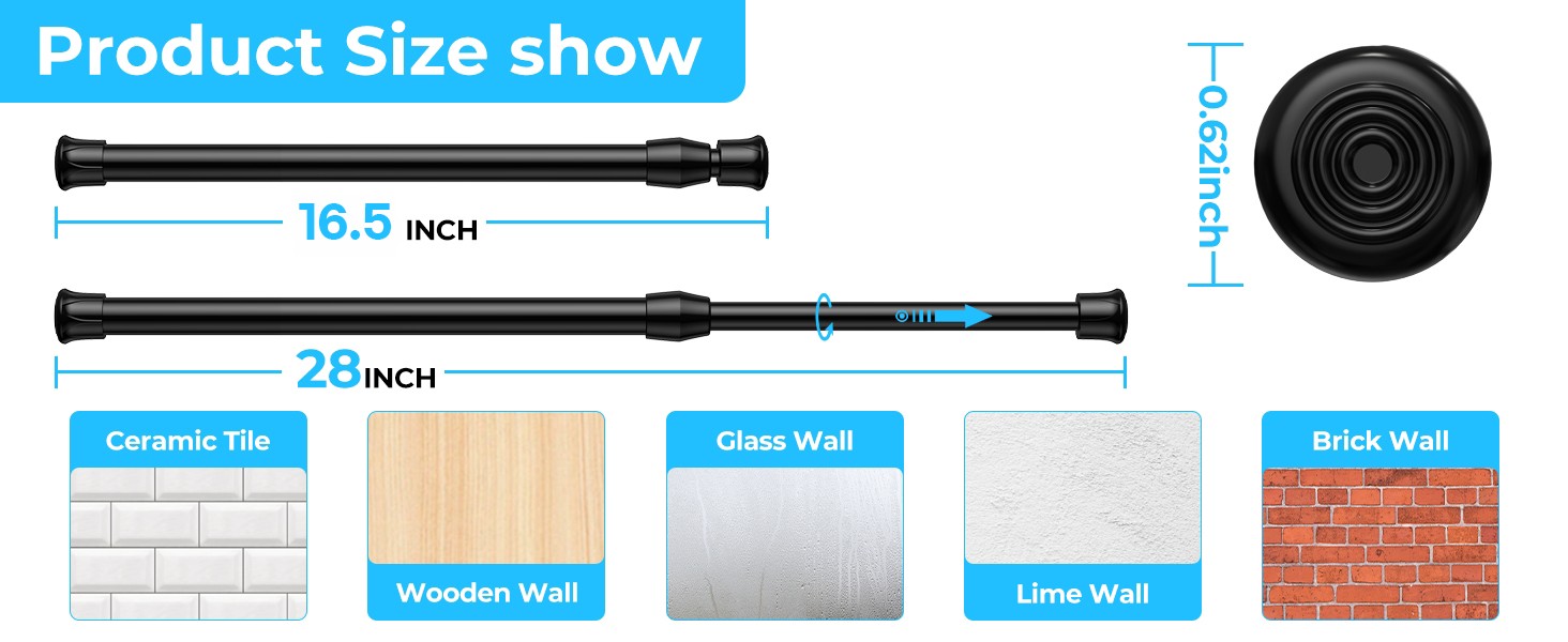 4pcs Black Tension Rod 16.5 to 28 Inch, Adjustable Tension Curtain Rod Spring