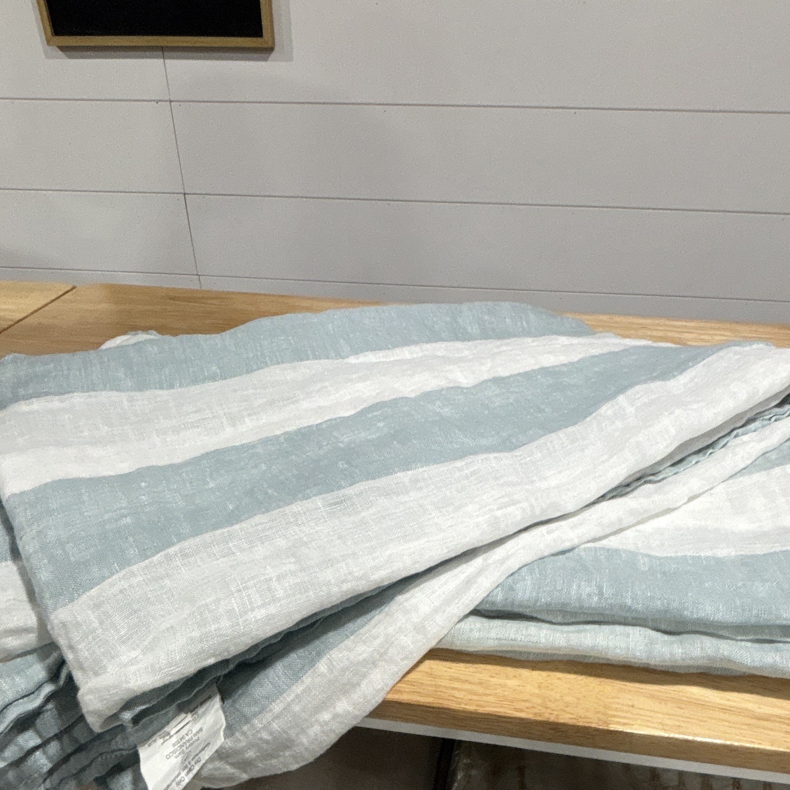 Pottery Barn 100% Linen Stripe Blue/White Curtain 50×96 Rod Pocket, 2 Panels