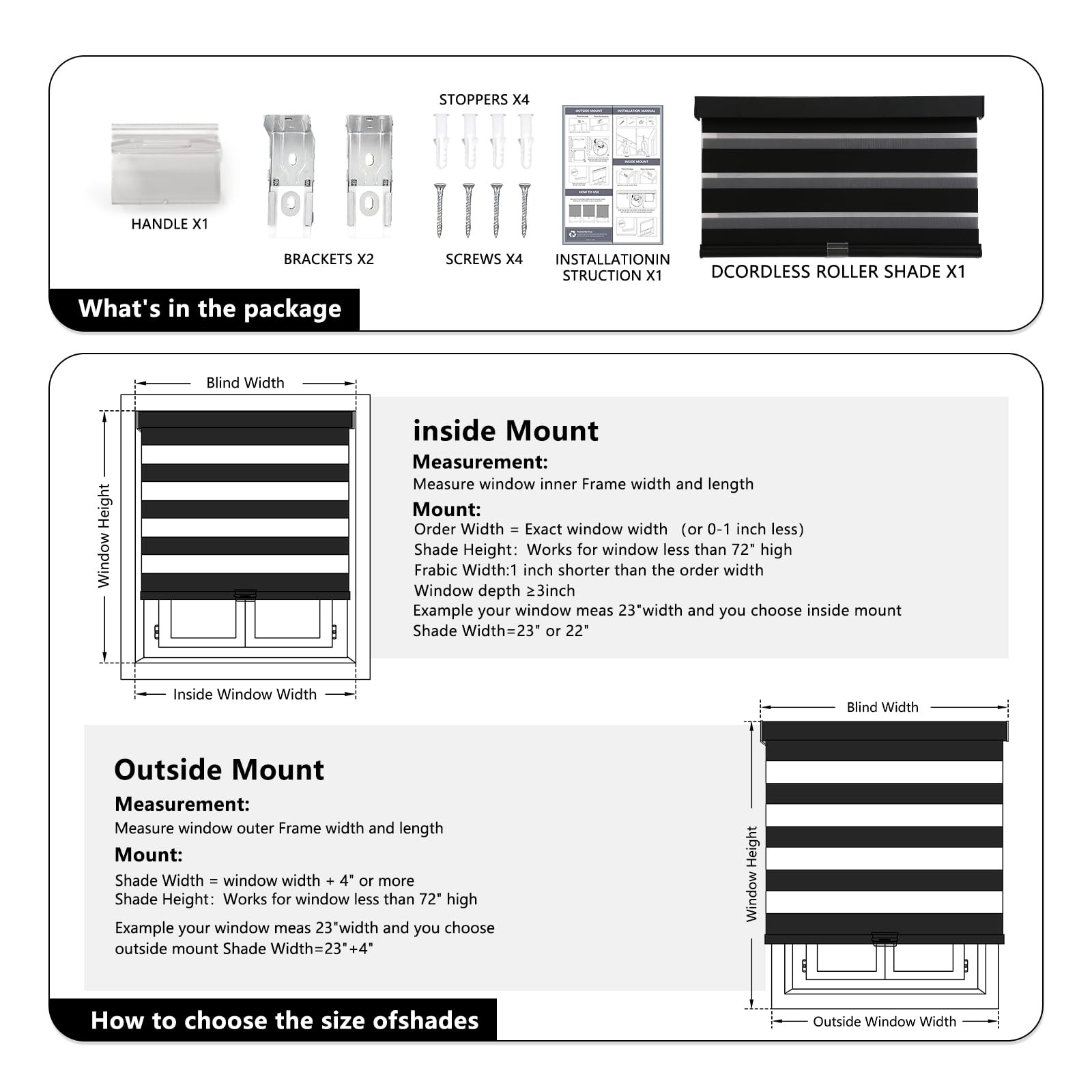 Cordless Zebra Blinds Light Filtering Dual Layer Window Shades 20W x 72H Black