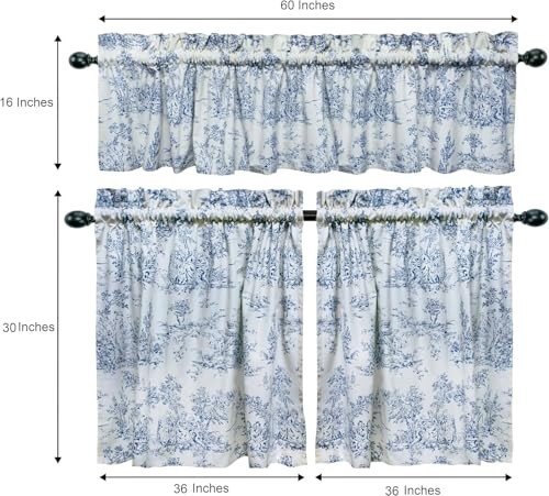 COTTON CRAFT Café Curtains – Tier Window Treatment Curtains – Blue White