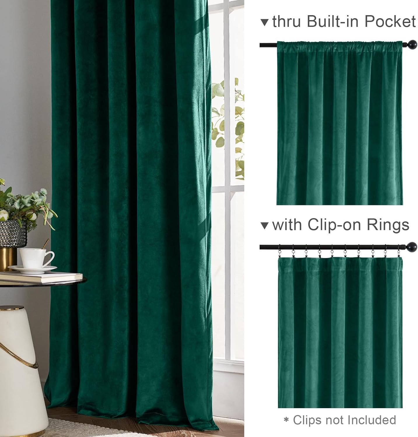 Emerald Green Velvet Room Darkening Curtains 84″ – 2 Panels for Home Decor